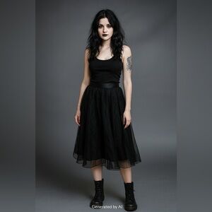 Vintage Black Midi Skirt Sheer Overlay High Waist Dark Academia Cottagecore